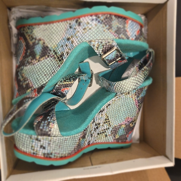 BCBGeneration Shoes - Turquoise Snake-Print Wedge Sandals - Women's